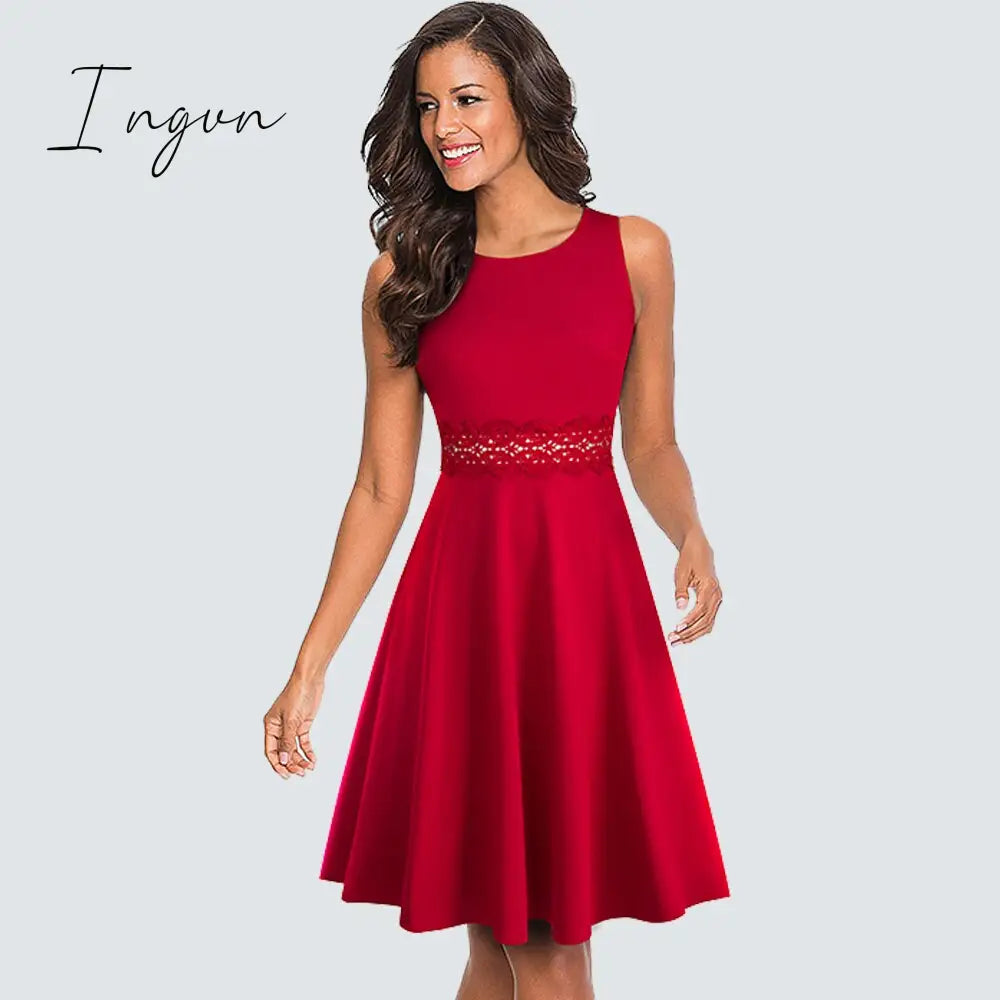 Ingvn - Women Vintage Casual Round Neck A line Summer Elegant Floral Lace Patchwork Sleeveless Tunic Party Swing Dress HA079
