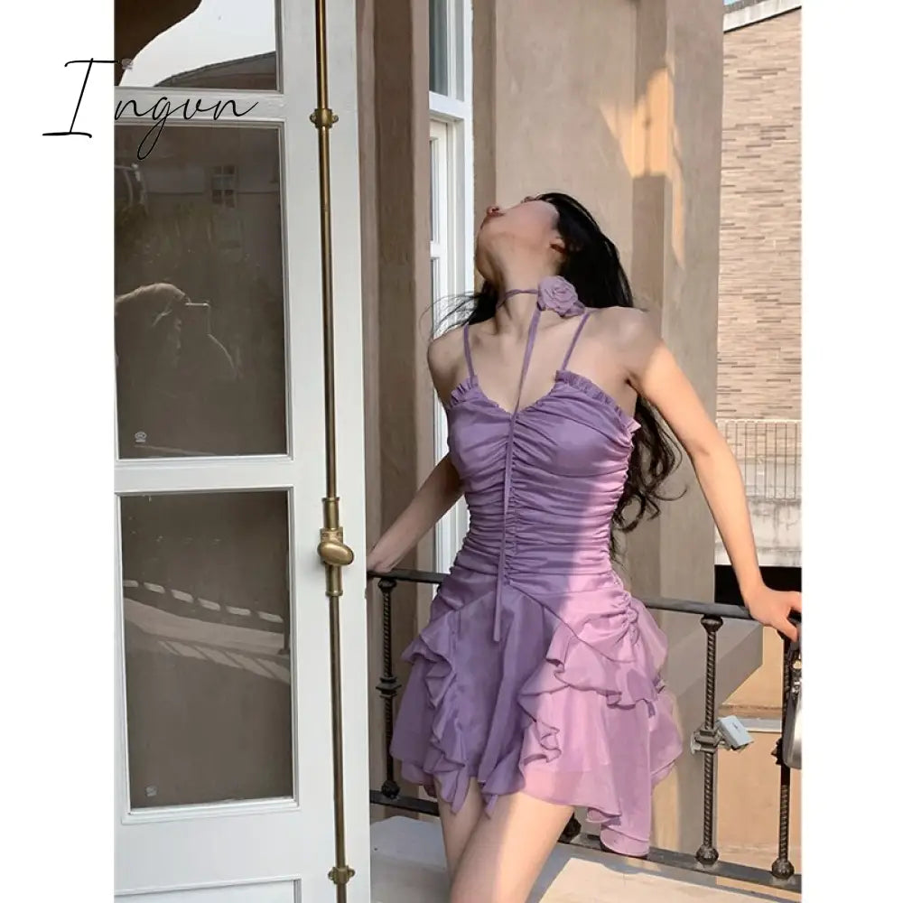 Ingvn - 2023 Summer Women's Dress Sexy Fashion Suspender Short Irregular Skirt Dress Purple Shoulder Backless Chiffon Dresses for Women