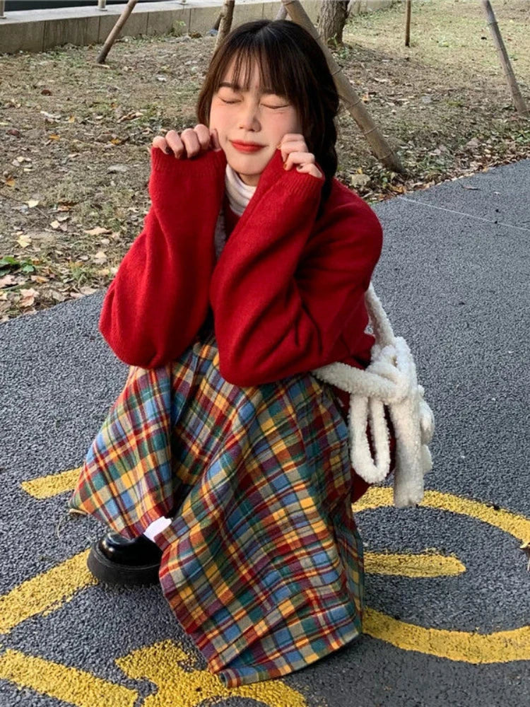 Christmas Rainbow Plaid Woolen Pleated Skirt Japanese High-waisted Slim Skirt Sweet Vintage Fashion Faldas Para Mujeres