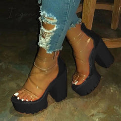 Ingvn - Chunky Heel Zipper Open Toe Strappy See-Through Sandals