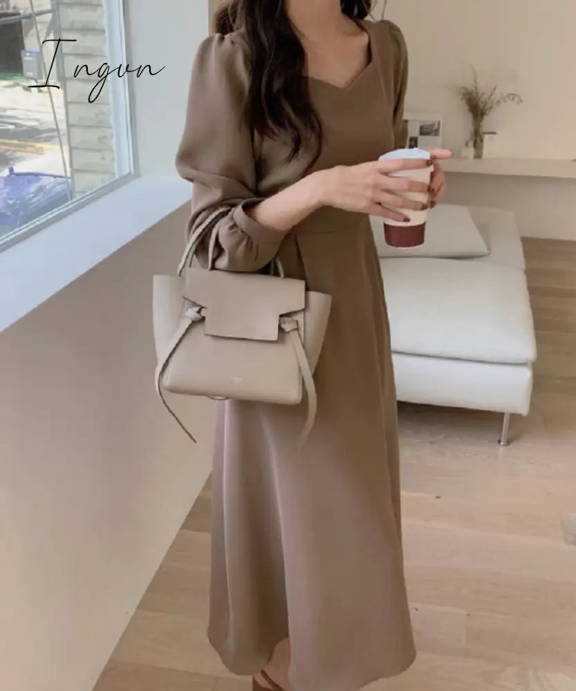 Ingvn - Chic Korean Fashion Women Temperament Office Lady Elegant Work Basic Wear Solid Vintage Long Dress Fenimine Vestidos N502