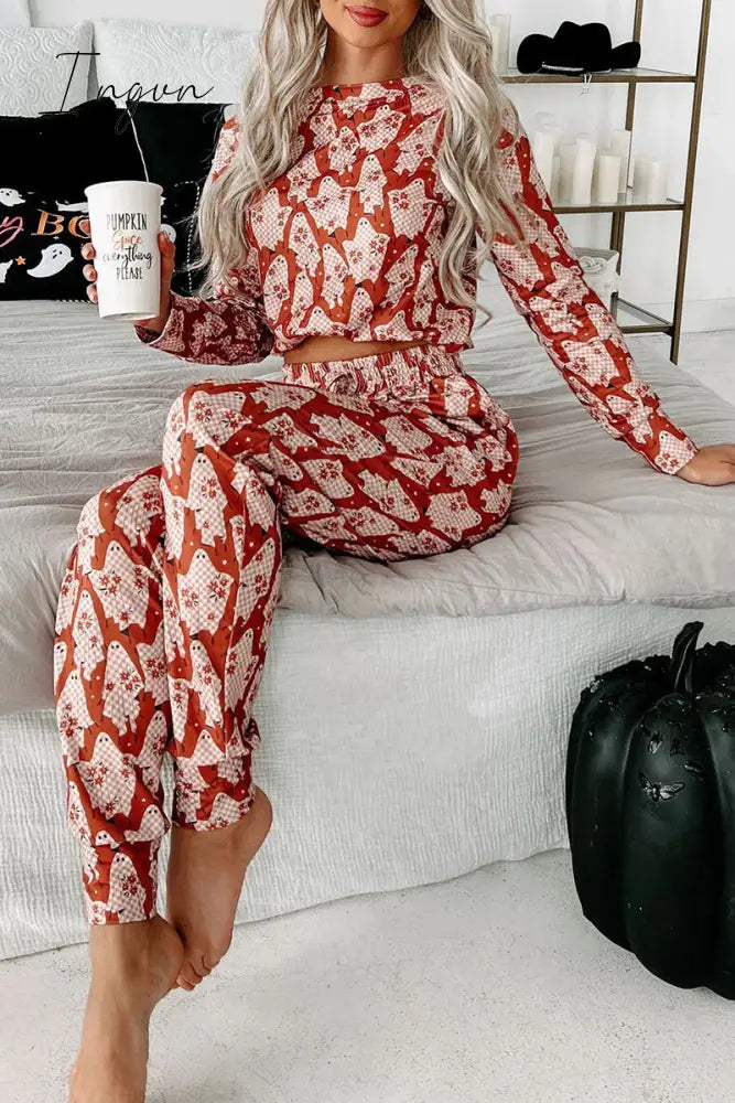 Ingvn - Casual Skull Printing V Neck Long Sleeve Two Pieces