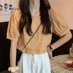 Ingvn - Ruffles Cute Shirt Women Button Up Shirt Summer Blouse 2023 High Waist Puff Sleeve Crop Top Pretty White Youth Clothing Elegant