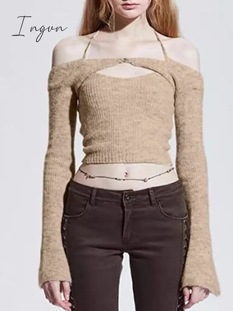 Ingvn - Y2K Top Women Long Sleeve T-Shirts 2 Piece Tops Halter Tanks Backless Crop Top Off Shoulder Tees Sexy Christmas Clothes