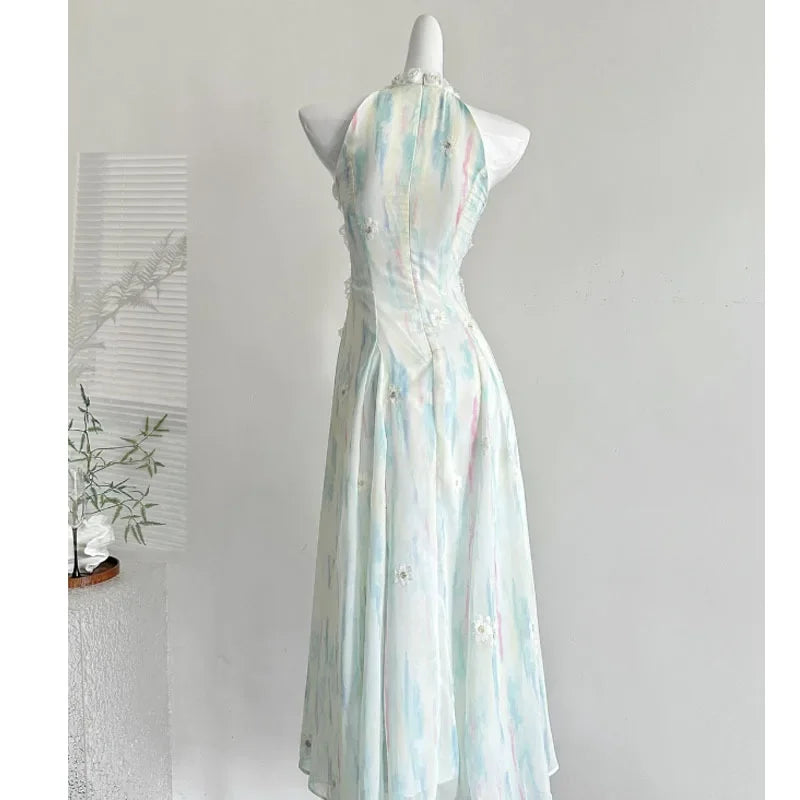 New 2025 Jasmine Green 2.0 Summer Fairy Sweet Slimming Waist Long Dress Design Sense Skirt Polyester Fiber round Neckline Ankle-