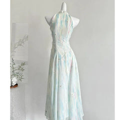 New 2025 Jasmine Green 2.0 Summer Fairy Sweet Slimming Waist Long Dress Design Sense Skirt Polyester Fiber round Neckline Ankle-