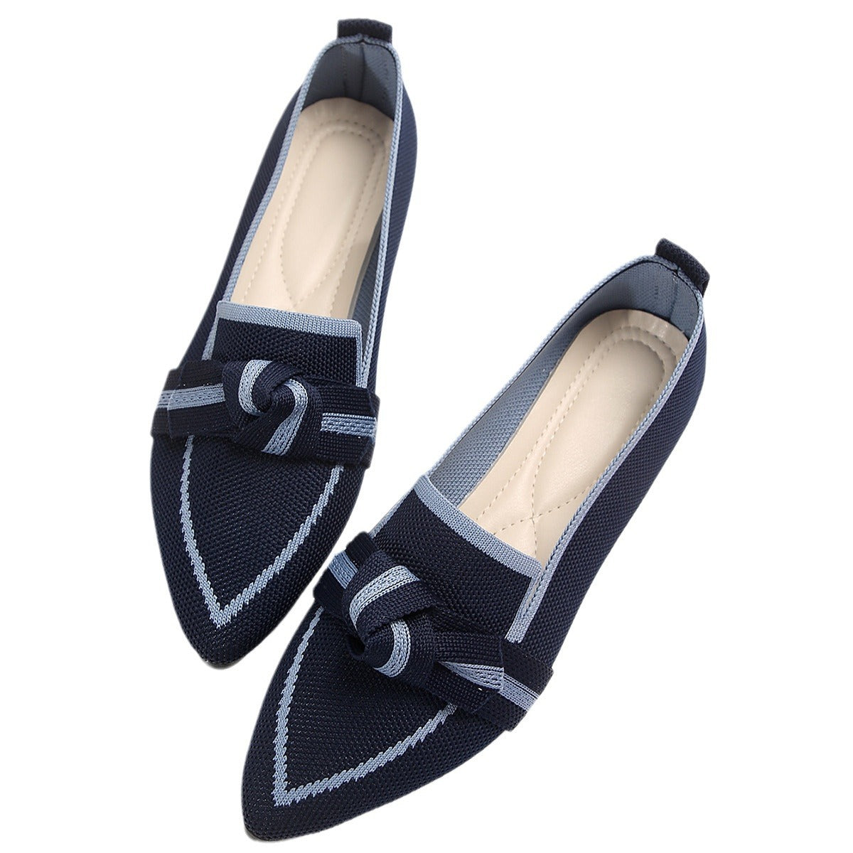 Slimming pointed toe plus size flat single-layer shoes for women fashionable flying woven slip-on bow casual breathable color matching single