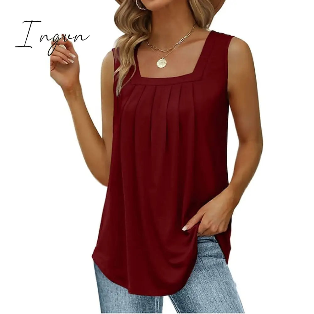 Ingvn - Women's Tank Pleated Solid / Plain Color Basic Square Neck Sleeveless Summer Wine Red Black White Light Green Pink