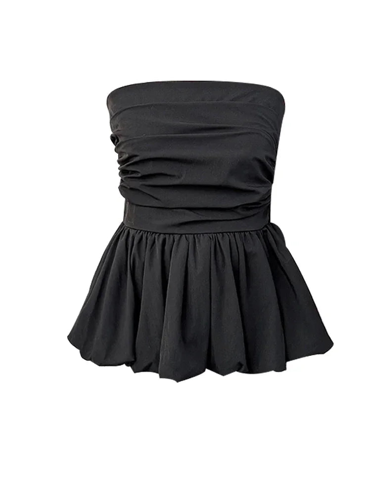French One Shoulder Pleated Slim Tube Top Women Sexy Waist Ruffled Sleeveless Vests Summer Y2k Solid All Match Tanks