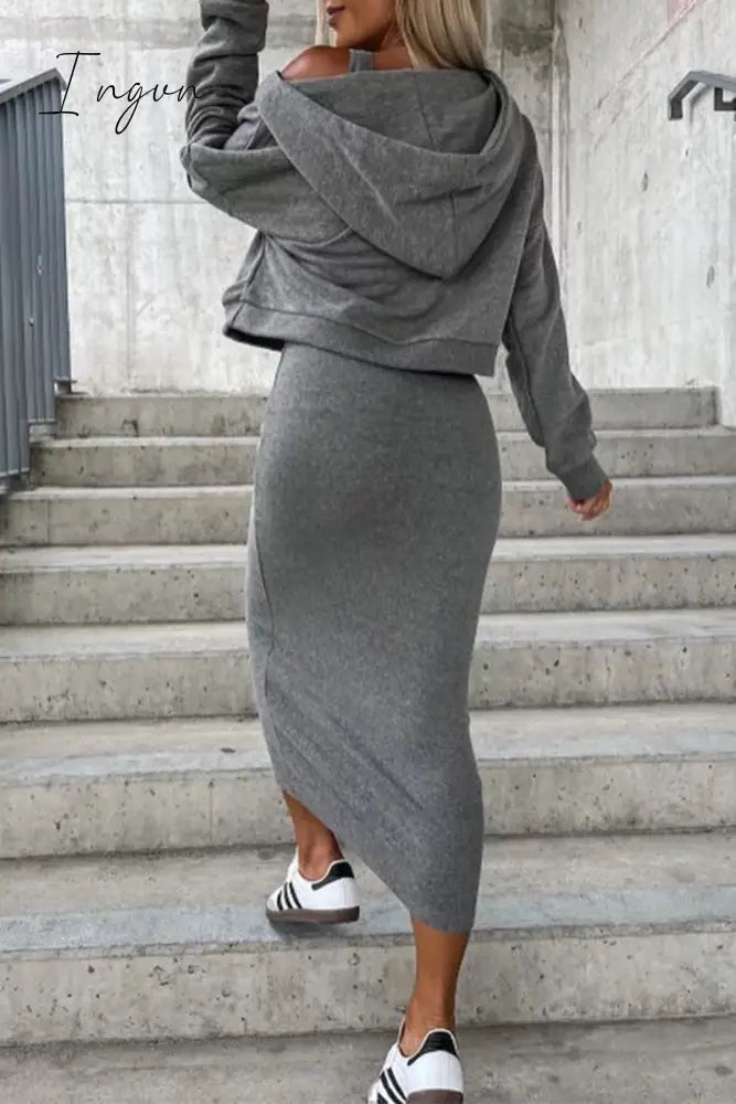 Ingvn - Casual Simplicity Solid Patchwork Hooded Collar Long Sleeve Two Pieces(3 Colors)