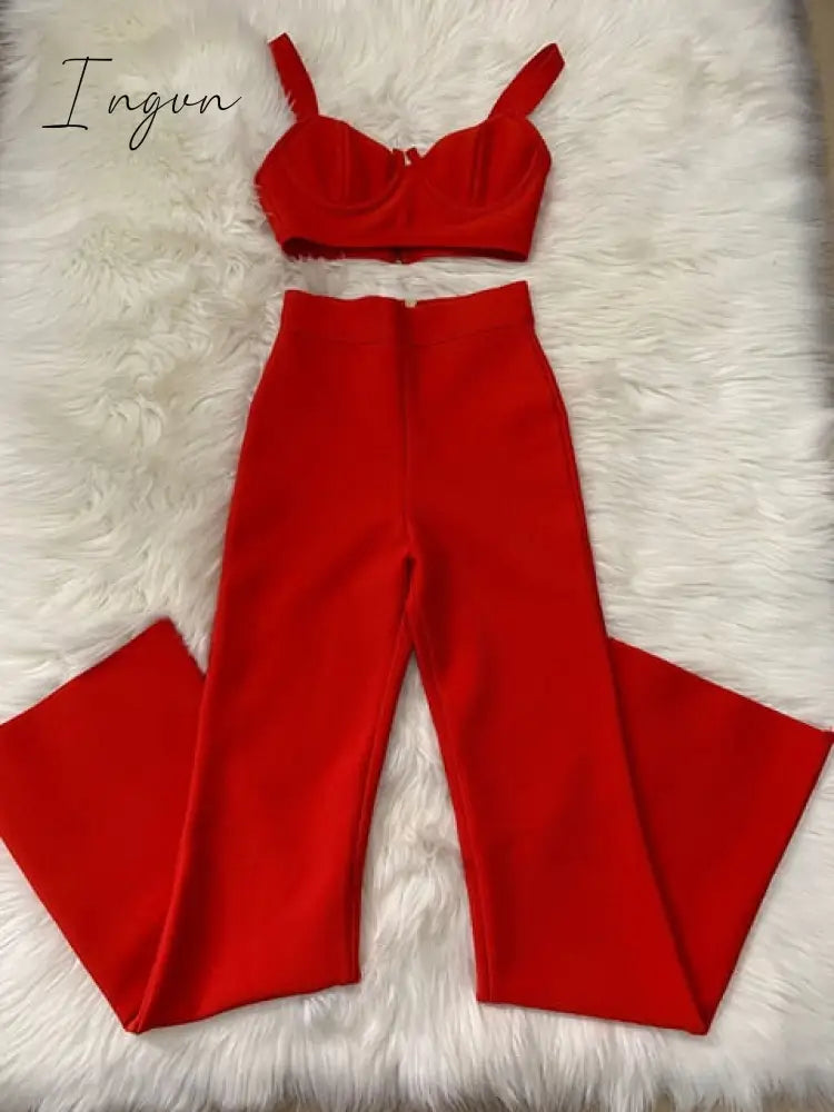 Ingvn - Summer New Women's Fashion Sexy Bandage 2 Two-piece Set Sleeveless Tight Short Top &  High Waist Flared Trousers Pants Set