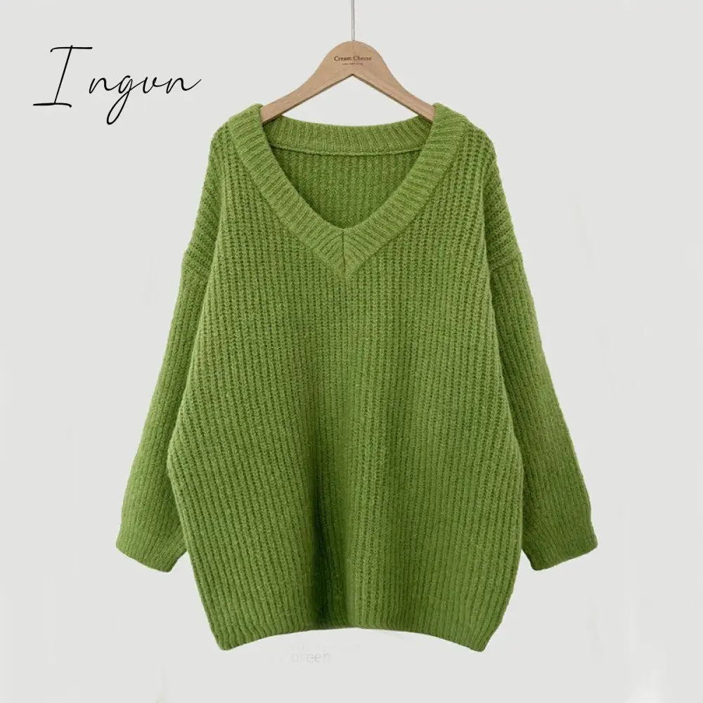 Ingvn - Green Oversized Sweaters for Women Fall Winter 2023 Korean Fashion Long Loose Pullovers V Neck Long Sleeve Jumpers