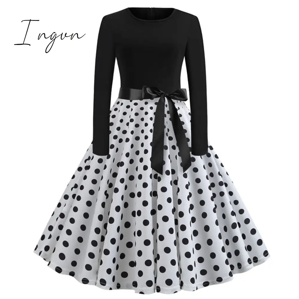 Ingvn - Winter Christmas Dresses Women 50S 60S Vintage Robe Swing Pinup Elegant Party Dress Long Sleeve Casual Plus Size Print Black