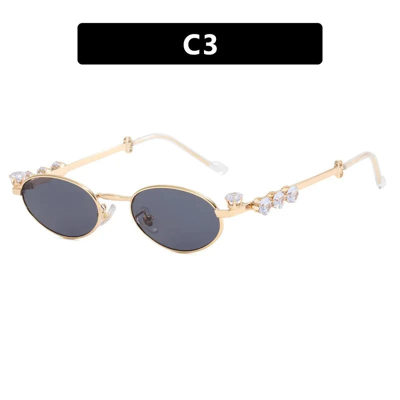 INGVN  Metal Oval Shades Women Men Rhinestone Diamonds Sunglasses 2024 Unisex Bling Eyeglasses Frames  Uv400 Fashion Eyewear Glasses