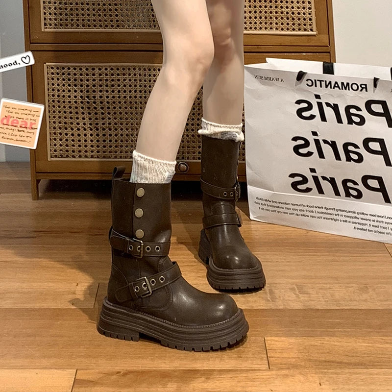Ingvn  Vintage Black Women Western Cowgirl Boots Fashion Belt Buckle Knight Mid Calf Booties Ladies Elegant Thick Heels Botas Mujer