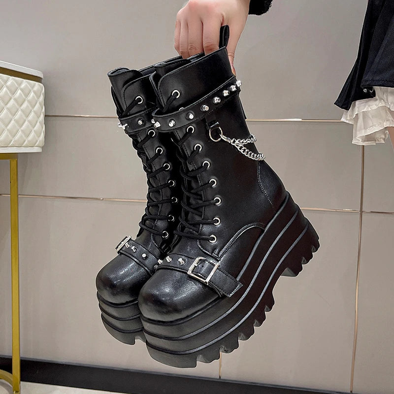 Autumn Winte Punk Halloween Witch Cosplay Platform High Wedges Heels Black Gothic Boots Women Shoes Big Size 42 Rivet Shoe