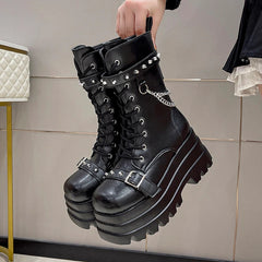 Autumn Winte Punk Halloween Witch Cosplay Platform High Wedges Heels Black Gothic Boots Women Shoes Big Size 42 Rivet Shoe