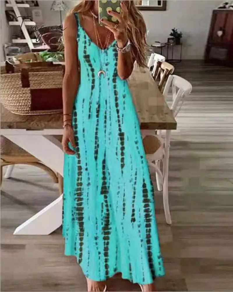Ingvn - Selling New High Street Tie Dye Dress Sexy Spaghetti Strap V Neck Long Dresses Women Summer Beach Dresses Party Tunic Plus Size 5XL