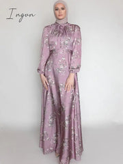 Ingvn - New Morocco Long Dress Muslim Women Flowers Printed Silky Long Abayas Robes Fancy Maxi Dress French Stylish Islamic Dress Belt