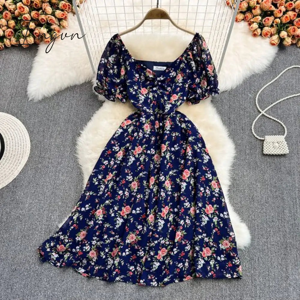 Ingvn - Summer Outfits Ladies French Retro V-neck Floral Women Dress Elegant Draped Flowers Short Puff Sleeves Slim Fairy Mid-calf A-line Dress
