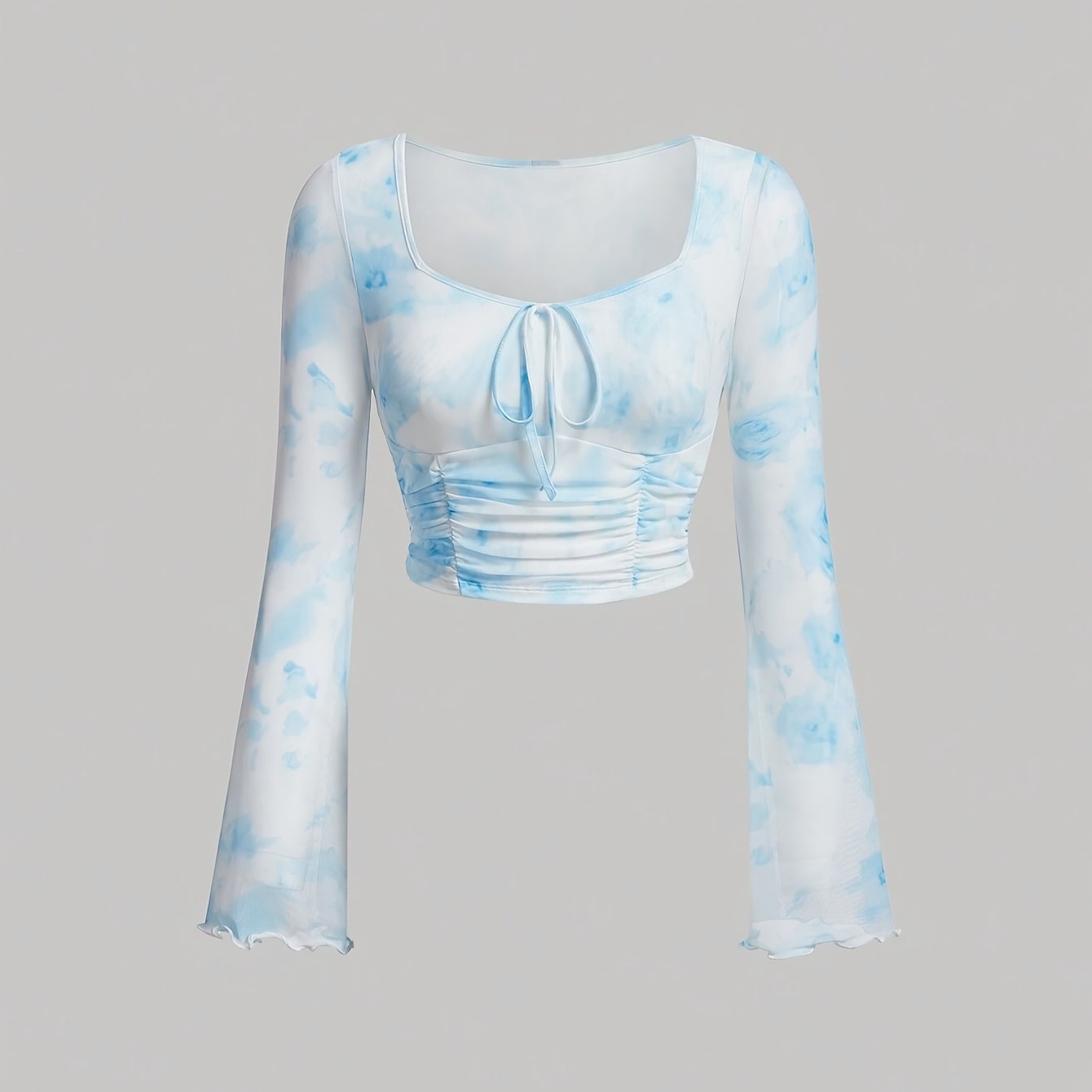 Trendy Tie Dye Print Ruched T-Shirt - Flattering Long Flare Sleeves, Casual Chic Top for Spring and Fall, Coquette Y2K Style Women's Clothing with Relaxed Fit and Soft Fabric