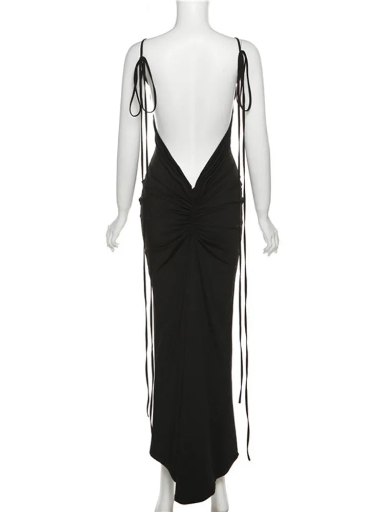 Spaghetti Strap Backless Ruched Maxi Dress For Women Robe Sleeveless Wrap Hip Bodycon Party Long Dress Vestidos