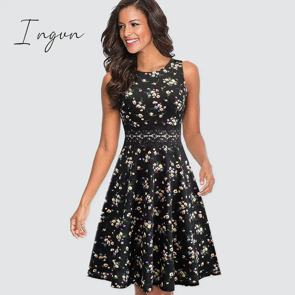 Ingvn - Women Vintage Casual Round Neck A line Summer Elegant Floral Lace Patchwork Sleeveless Tunic Party Swing Dress HA079