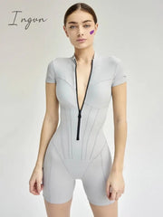 Ingvn - 2023 New Short Sleeve Playsuit Women Overalls Spring Striped Zipper Sporty Rompers Ladies Casual Bodycon Playsuits