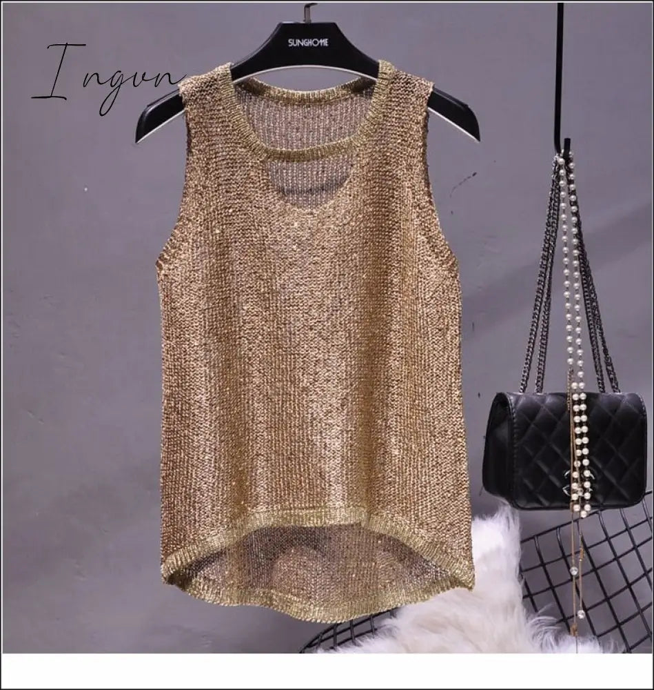 Ingvn - 2023 Summer New Sexy Hollow Sequined Knit Camisole Top Sleeveless Hollow Out Top Shirt Women's Loose Casual Crop Top Tops