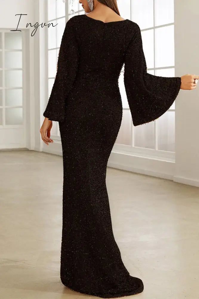 Ingvn - Elegant Formal Solid Sequins V Neck Evening Dress Dresses