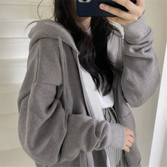 VOGUABLE  Women Hoodies Harajuku Korean Version Zip Up Loose Oversized Sweatshirts Casual Solid Color Long Sleeve Hooded Sweatshirt Coats