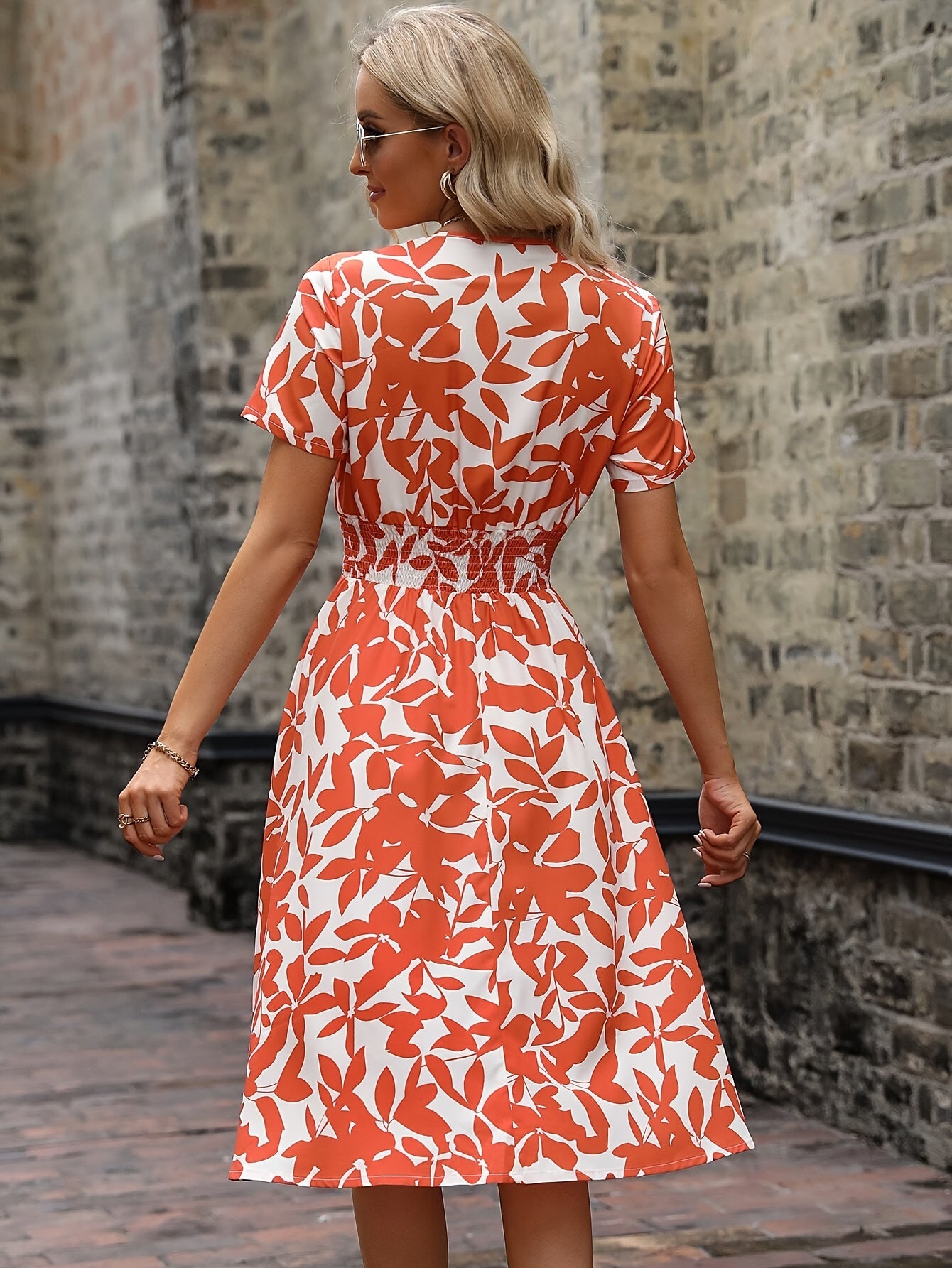 Blooming Floral Wrap Neck Dress - Elegant Short Sleeve, V-Neck, A-Line Silhouette, Spring & Summer Essential, Women's Clothing for Chic Occasions
