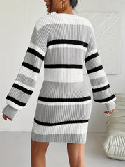Cozy Stripe Acrylic Knit Sweater Dress for Women - Soft Crew Neck, Long Sleeve, Midi Length, Color Block Pattern, Elegant Fall/Winter Collection, Casual Chic, Versatile, and Comfortable