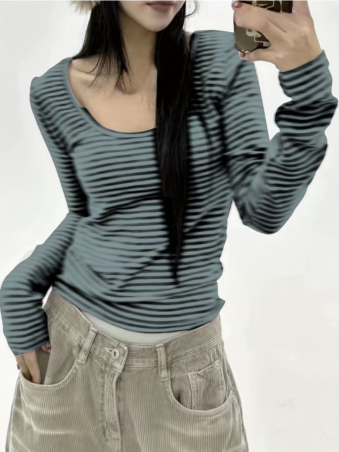 Cozy Striped Long Sleeve Crew Neck T-Shirt - Soft, Breathable, and Stylish for Spring & Fall - Women's Casual Wear for Everyday Comfort
