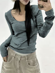 Cozy Striped Long Sleeve Crew Neck T-Shirt - Soft, Breathable, and Stylish for Spring & Fall - Women's Casual Wear for Everyday Comfort