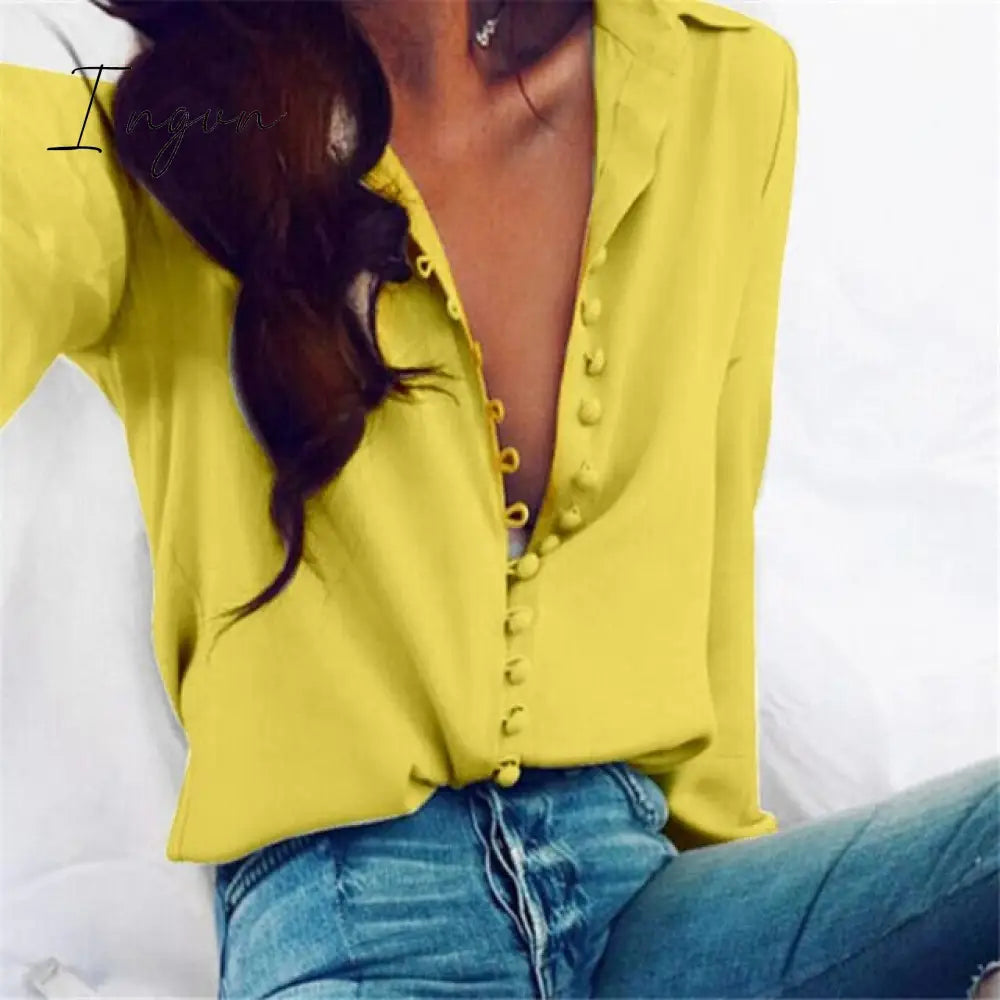 Ingvn - Fashion Women Blouse Shirt  Spring Women Clothing Solid Buttons Long Sleeve Shirts Tops Ladies OL Shirt White Office Shirt