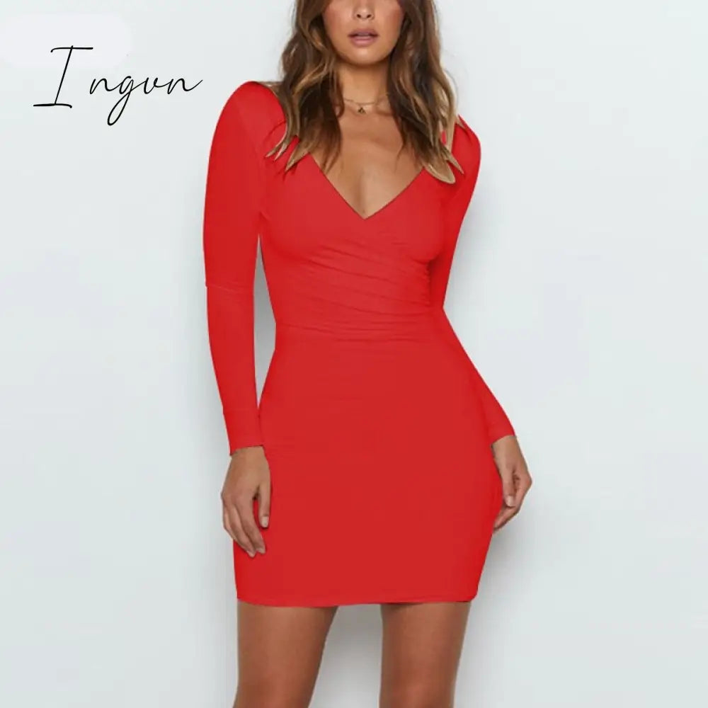 Ingvn - Wrap V Neck Ruched Bodycon Dress Women Long Sleeve Sexy Party Backless Black Red White Autumn Winter Mini Dresses