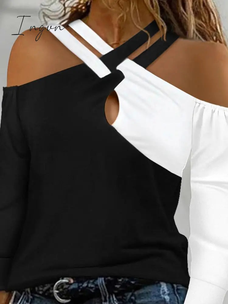 Ingvn - Autumn Winter Colorblock Crisscross Cold Shoulder Top Casual Patchwork Long Sleeve Pullover Blouse Women Clothes