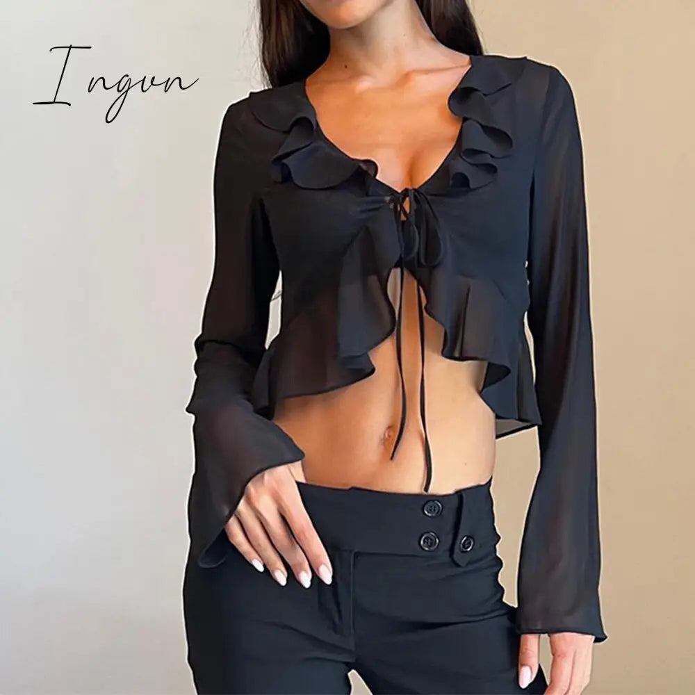 Ingvn - Summer Outfits Vintage 90s Streetwear Ruffles Trim Green Chiffon T-shirts Y2K Fashion Sexy Deep V Lace Up Long Sleeve Tops Transparent