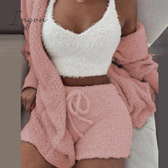 Ingvn - Three Piece Sexy Fluffy Outfits Plush Velvet Hooded Cardigan Coat+Shorts+Crop Top Women Tracksuit Sets Casual Sports Sweatshirt