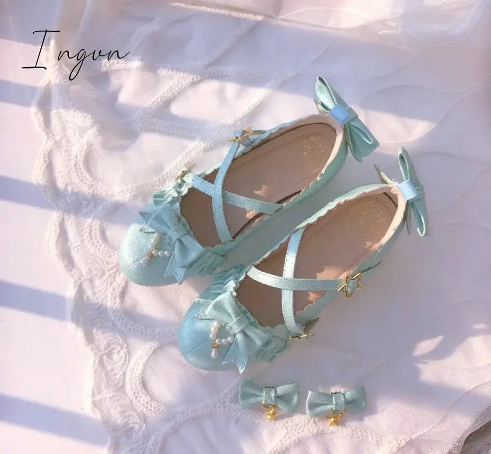 Ingvn - Sweet Lolita Shoes Vintage Round Head Middle Heel 3-5cm Women Shoes Cute Bowknot Cross Bandage Kawaii Shoes Loli  Kawaii Girl