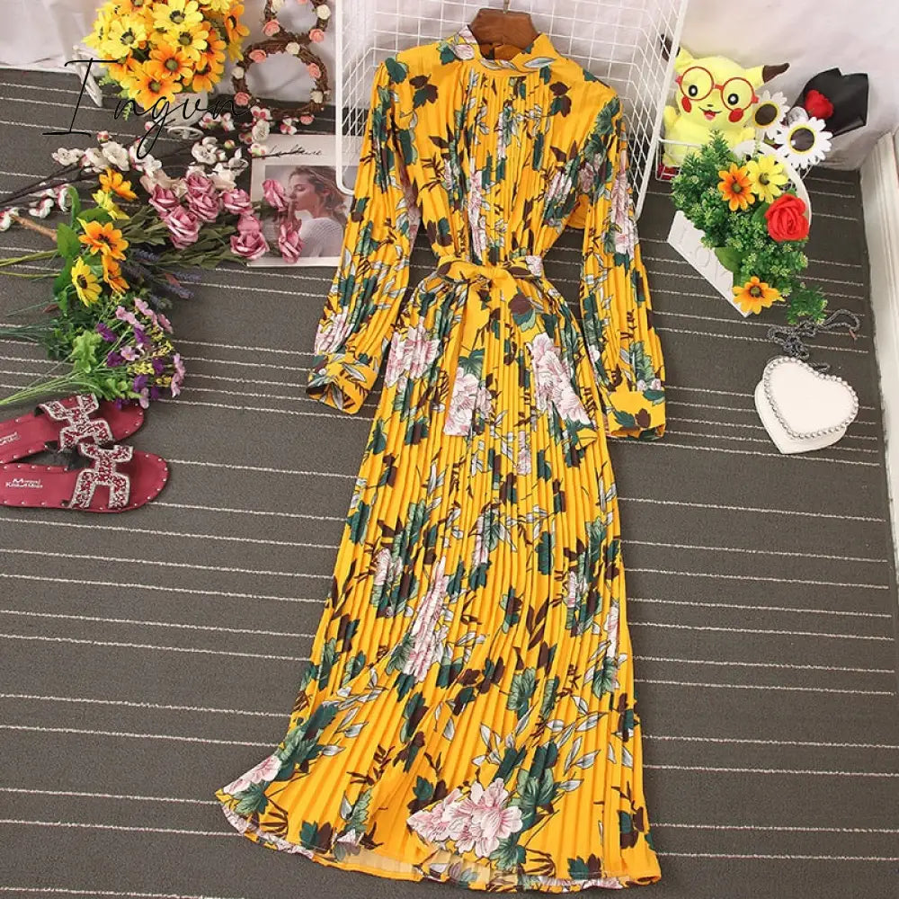 Ingvn - Autumn New Dress Temperament Turtleneck Waist Slim Long Sleeves Lace Up Wild Floral Maxi Vestidos UK016