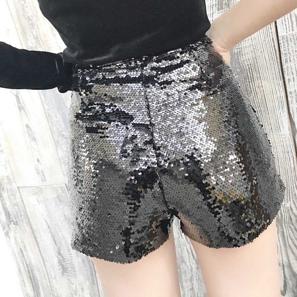 Sexy Women Sequin Shorts Summer High Waist O-Ring Zip Bodycon Shorts Feminino Skinny Party Club Festival Raves Pole Dance Shorts