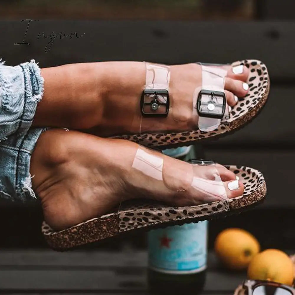 Ingvn - Clear Straps Silver Buckles Cheetah Slippers