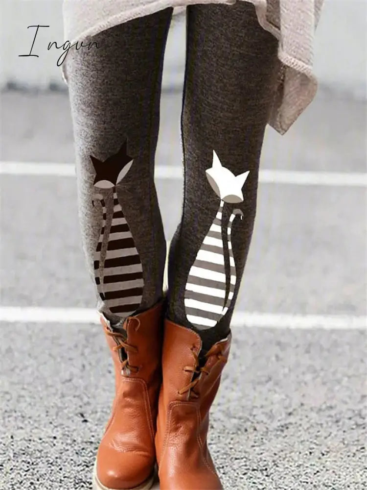 Ingvn - Women's Tights Leggings Black White Burgundy Fashion Halloween Leisure Sports Weekend Print Stretchy Full Length Tummy Control Cat S M L XL XXL