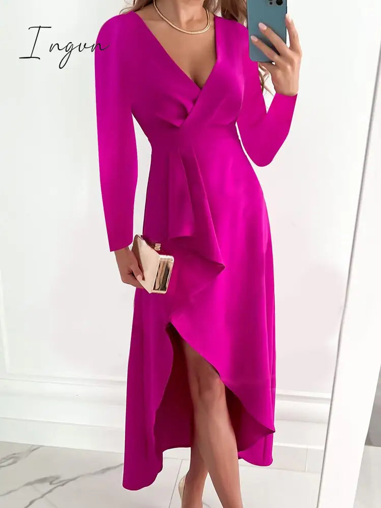 Ingvn - Women Casual Long Sleeve Fashion Solid Long Dress Autumn Winter Sexy V-neck Elegant Office Lady Irregular Dresses Female