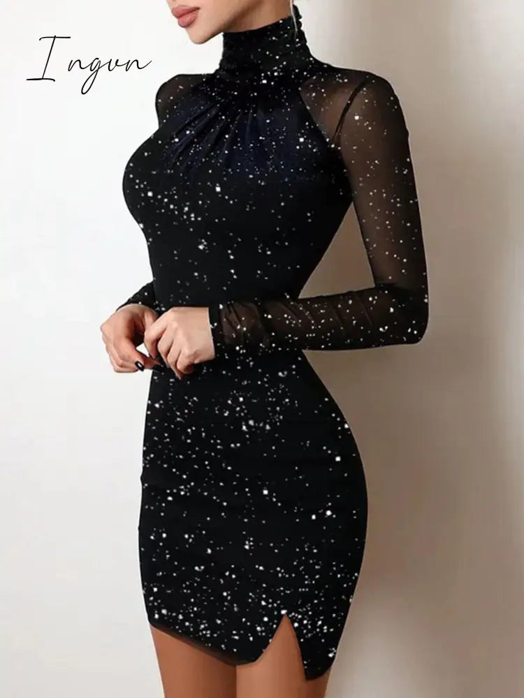 Ingvn - Y2K Sexy Floral Print Contrast Mesh Bodycon Dress Geometric Night Out Vestidos Mini Casual Daily Women Floral Dress