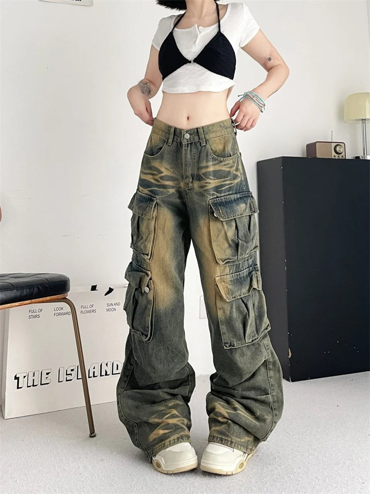 Ingvn  Women's Tie Dyed Patterns Multiple Pockets Unisex Jeans Street Summer Trousers Young Girl Street Bottoms Female Denim Pants