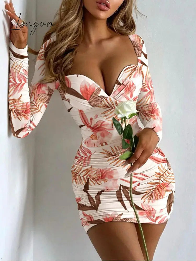 Ingvn - Elegant Bodycon Short Dress Women Sexy Ruched Deep V Neck White Party Dresses Autumn Casual Fashion Floral Print Dress