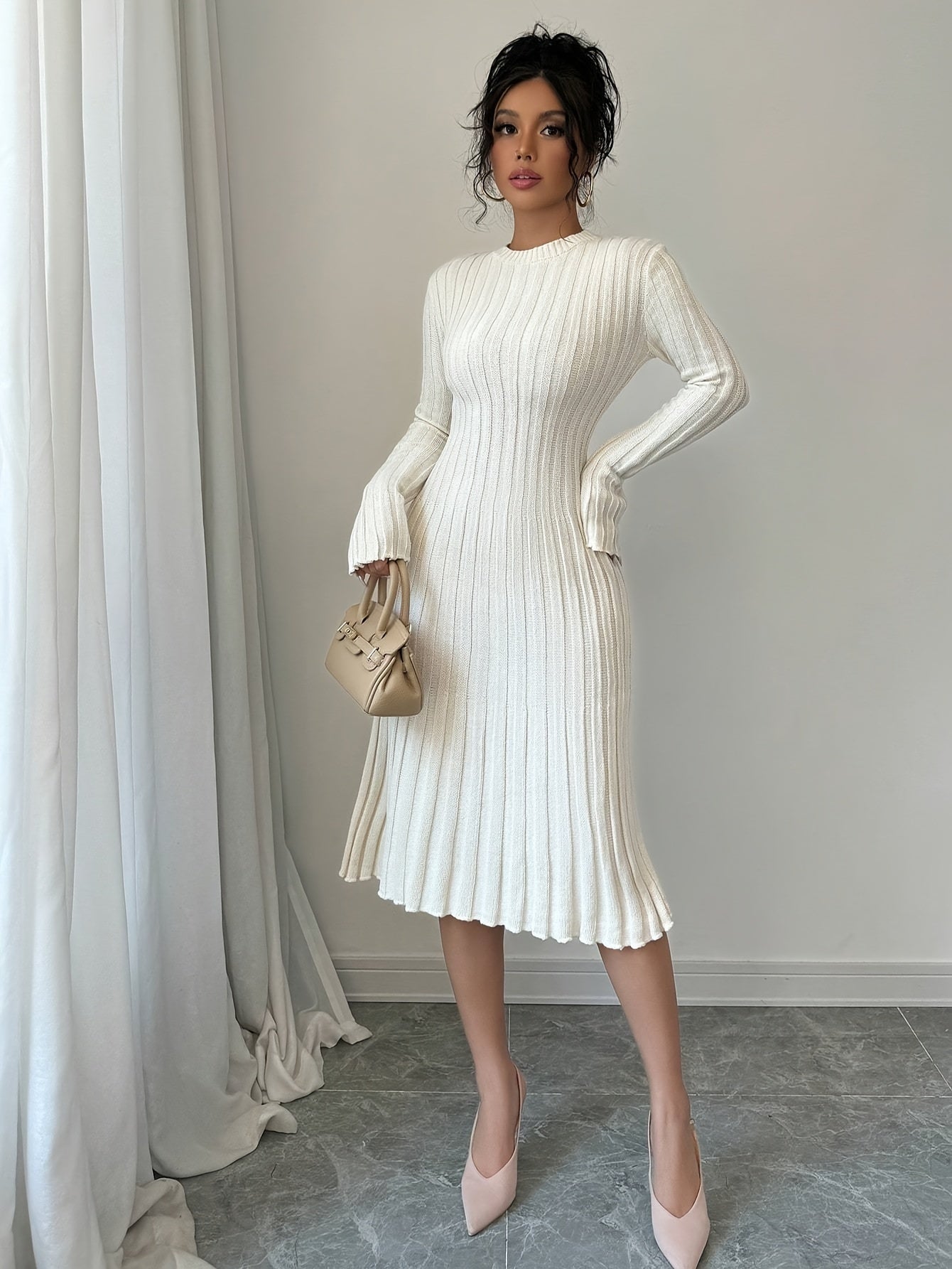 [Long Sleeve Ribbed Knit Sweater] Elegant Solid Color Ribbed Knit Sweater Dress for Women - Crew Neck, Long Sleeve, Pleated Design, Perfect for Fall & Winter